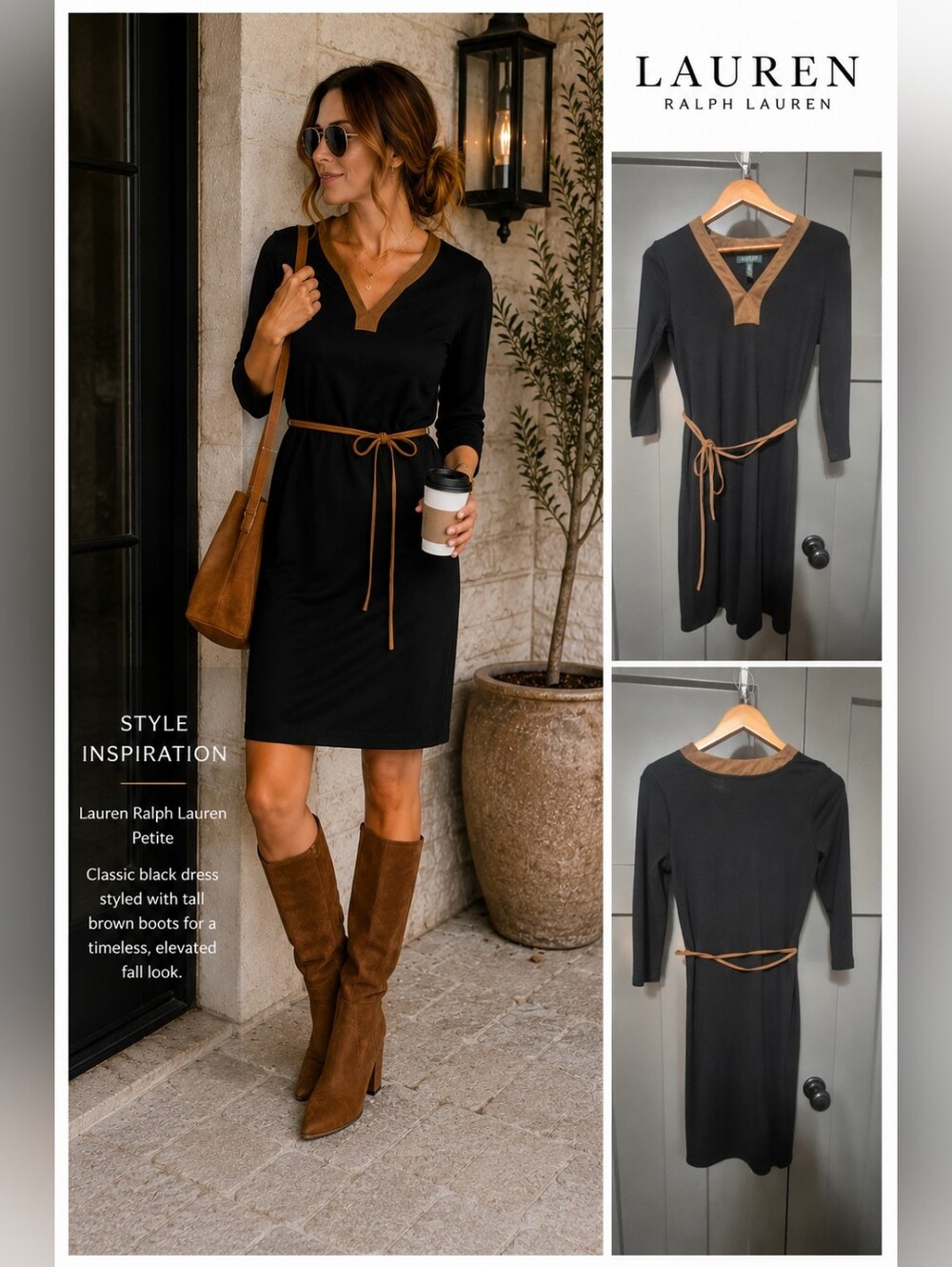 Lauren Ralph Lauren Petite Black Cotton Dress Brown Faux Suede Trim Tie Waist PM